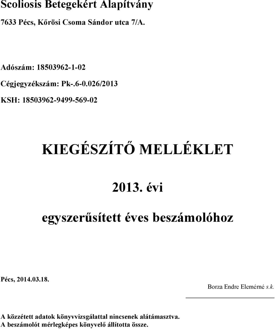 évi egyszerűsített éves beszámolóhoz Pécs, 2014.03.18. Borza Endre Elemérné s.k.