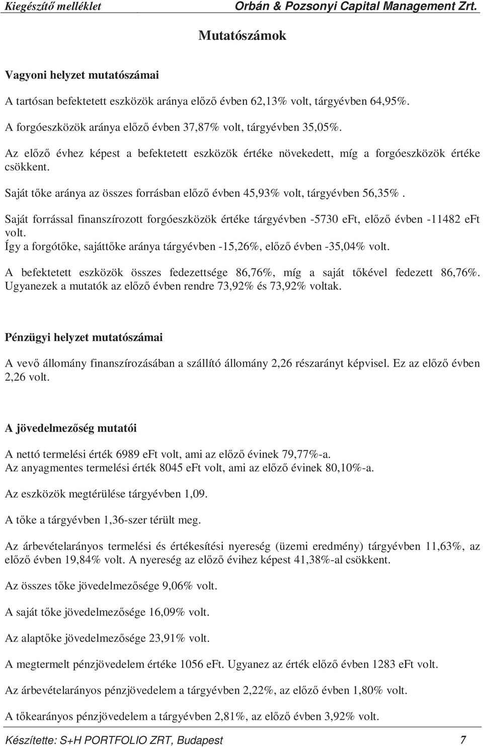 Saját forrással finanszírozott forgóeszközök értéke tárgyévben -5730 eft, előző évben -11482 eft volt. Így a forgótőke, sajáttőke aránya tárgyévben -15,26%, előző évben -35,04% volt.