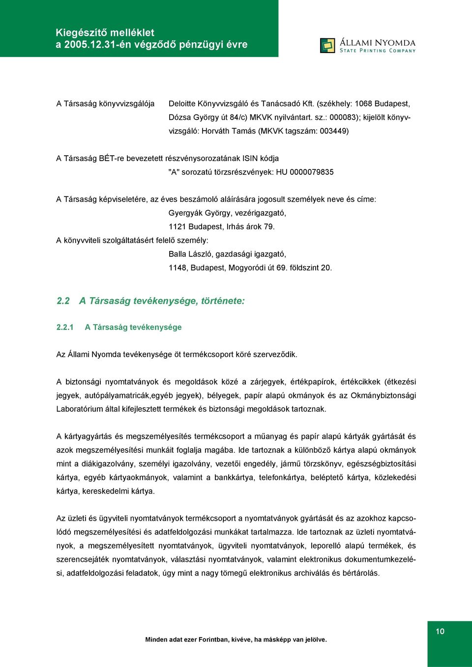 képviseletére, az éves beszámoló aláírására jogosult személyek neve és címe: Gyergyák György, vezérigazgató, 1121 Budapest, Irhás árok 79.