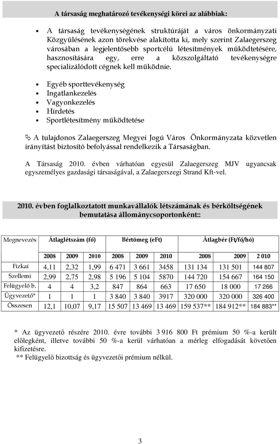 Egyéb sporttevékenység Ingatlankezelés Vagyonkezelés Hirdetés Sportlétesítmény mőködtetése A tulajdonos Zalaegerszeg Megyei Jogú Város Önkormányzata közvetlen irányítást biztosító befolyással