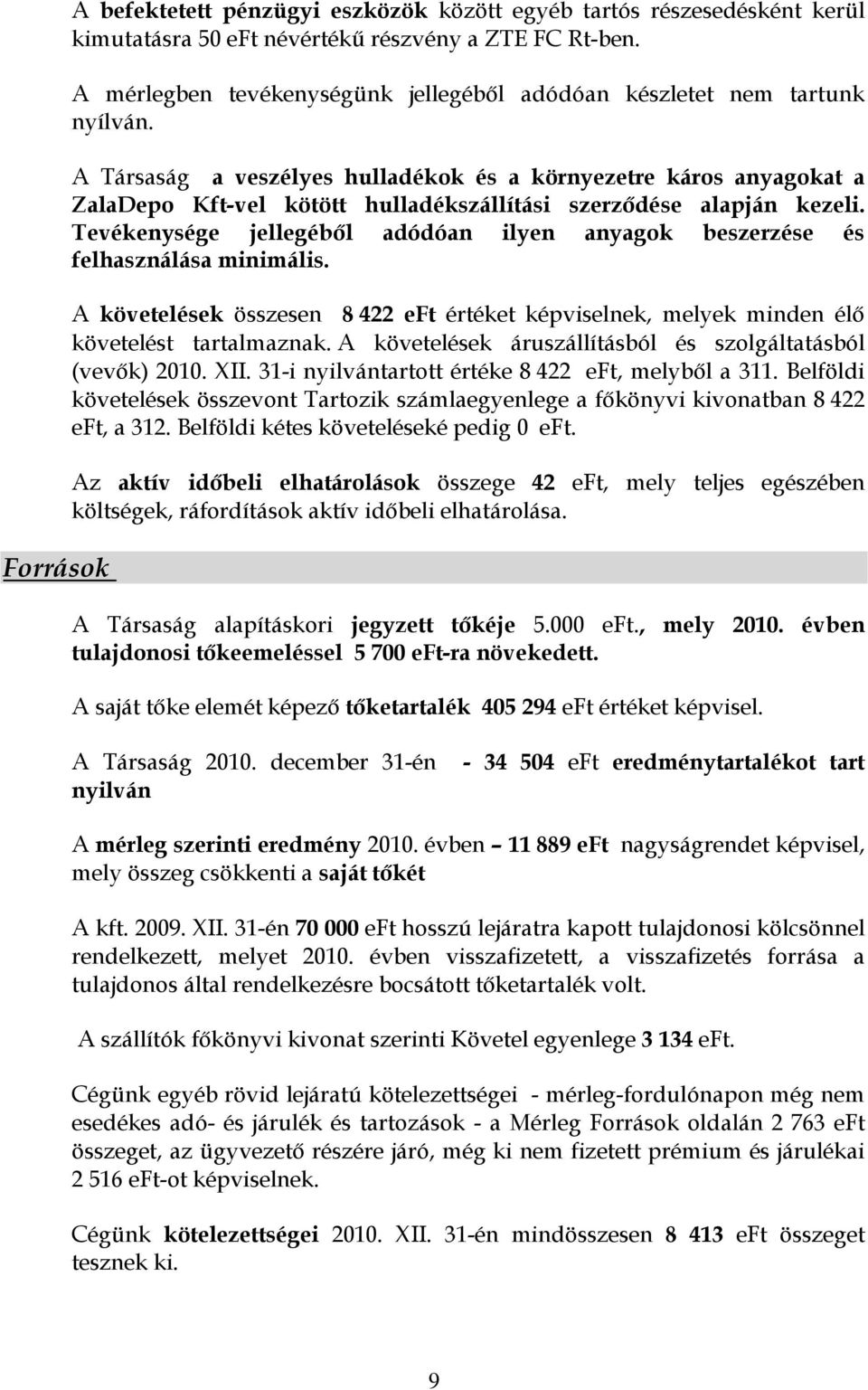 A Társaság a veszélyes hulladékok és a környezetre káros anyagokat a ZalaDepo Kft-vel kötött hulladékszállítási szerzıdése alapján kezeli.