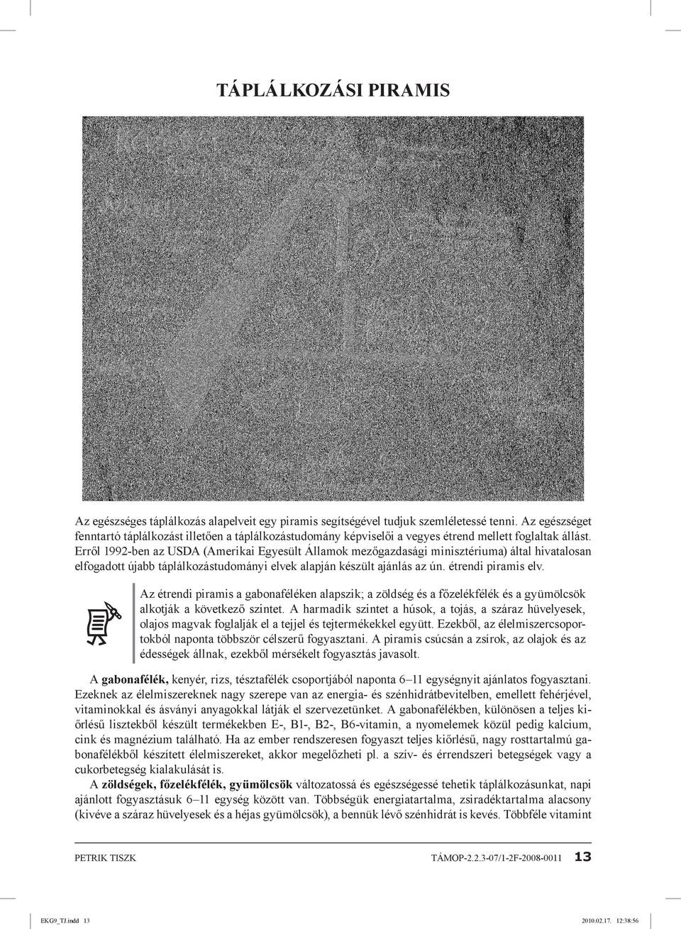 Erről 1992-ben az USDA (Amerikai Egyesült Államok mezőgazdasági minisztériuma) által hivatalosan elfogadott újabb táplálkozástudományi elvek alapján készült ajánlás az ún. étrendi piramis elv.