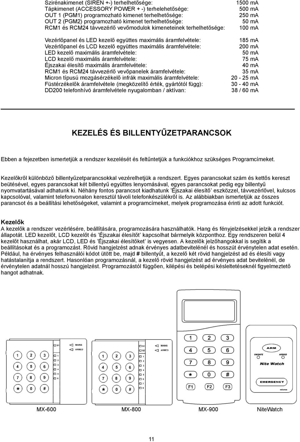 maximális áramfelvétele: LCD kezelő maximális áramfelvétele: Éjszakai élesítő maximális áramfelvétele: RCM1 és RCM24 távvezérlő vevőpanelek áramfelvétele: Micron típusú mozgásérzékelő infrák