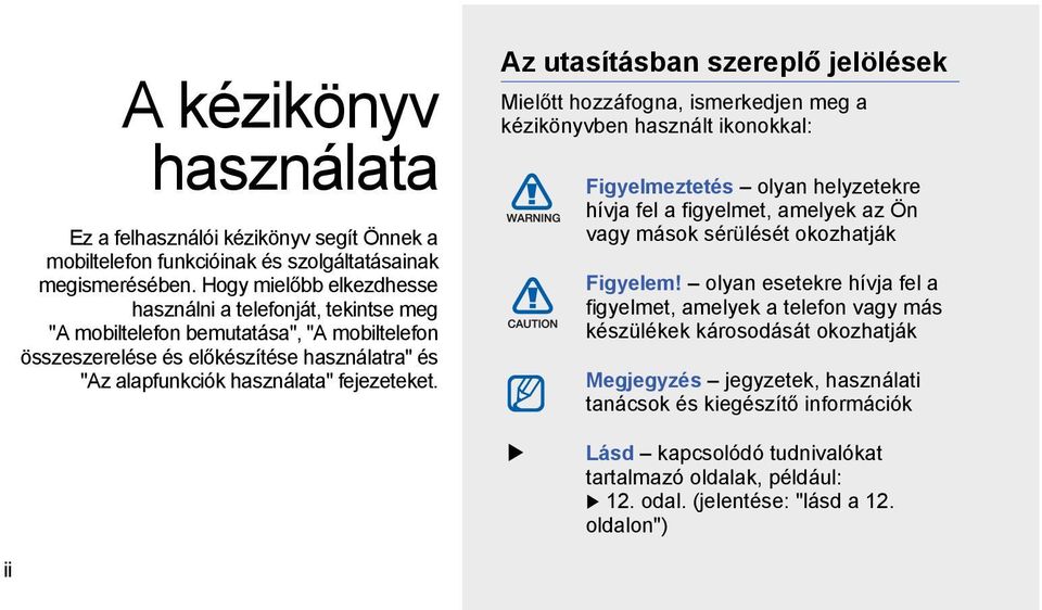 Az utasításban szereplő jelölések Mielőtt hozzáfogna, ismerkedjen meg a kézikönyvben használt ikonokkal: Figyelmeztetés olyan helyzetekre hívja fel a figyelmet, amelyek az Ön vagy mások sérülését