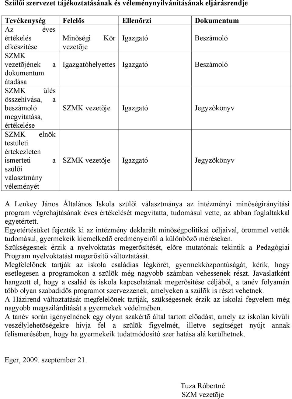 ismerteti a SZMK vezetõje Igazgató Jegyzõkönyv szülõi választmány véleményét A Lenkey János Általános Iskola szülõi választmánya az intézményi minõségirányítási program végrehajtásának éves