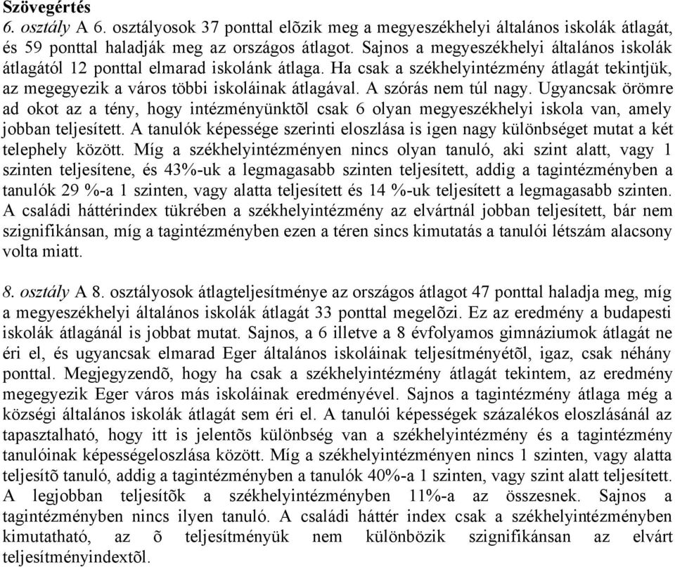 A szórás nem túl nagy. Ugyancsak örömre ad okot az a tény, hogy intézményünktõl csak 6 olyan megyeszékhelyi iskola van, amely jobban teljesített.