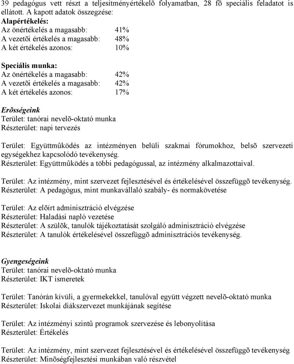 értékelés a magasabb: 42% A két értékelés azonos: 17% Erõsségeink Terület: tanórai nevelõ-oktató munka Részterület: napi tervezés Terület: Együttmûködés az intézményen belüli szakmai fórumokhoz,