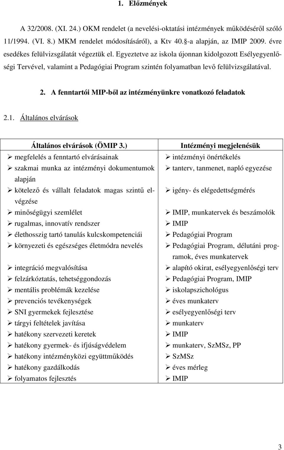 A fenntartói MIP-ből az intézményünkre vonatkozó feladatok 2.1. Általános elvárások Általános elvárások (ÖMIP 3.