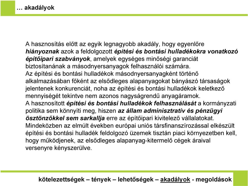 Az építési és bontási hulladékok másodnyersanyagként történő alkalmazásában főként az elsődleges alapanyagokat bányászó társaságok jelentenek konkurenciát, noha az építési és bontási hulladékok