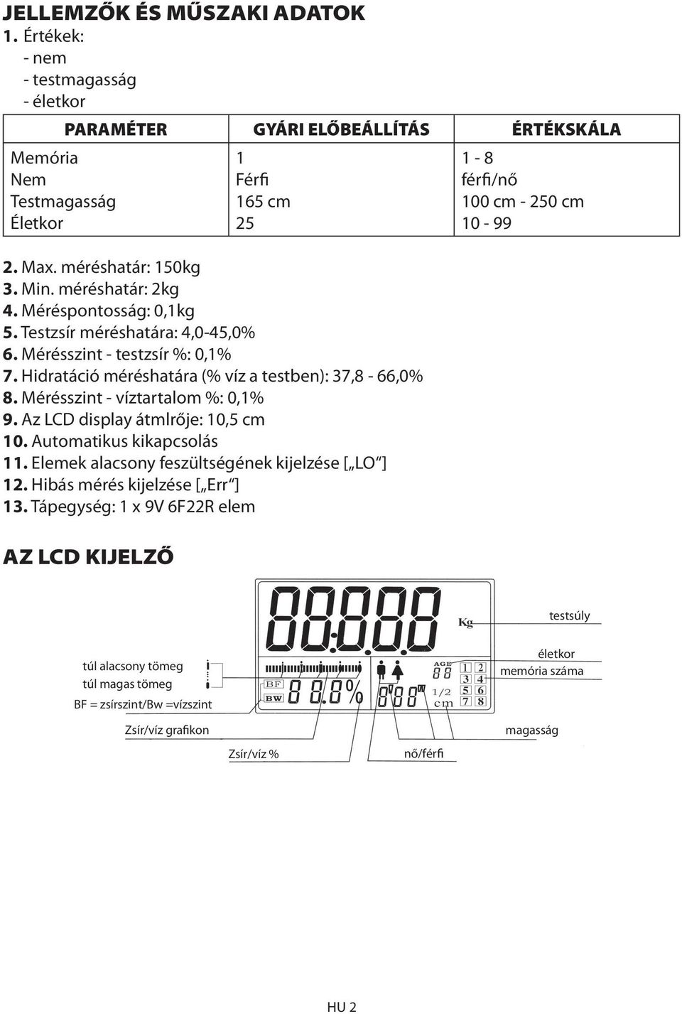 Mérésszint - víztartalom %: 0,1% 9. Az LCD display átmlrője: 10,5 cm 10. Automatikus kikapcsolás 11. Elemek alacsony feszültségének kijelzése [ LO ] 12. Hibás mérés kijelzése [ Err ] 13.