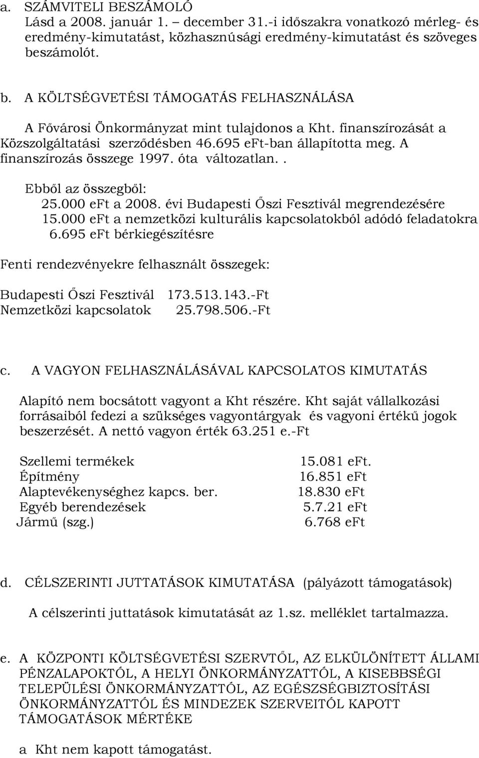 A finanszírozás összege 1997. óta változatlan.. Ebbıl az összegbıl: 25.000 eft a 2008. évi Budapesti İszi Fesztivál megrendezésére 15.