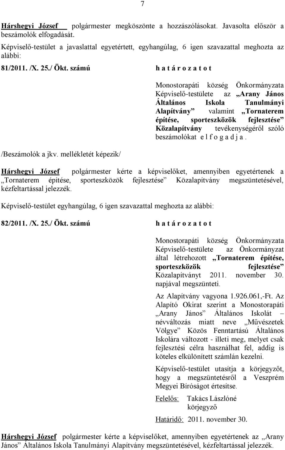 mellékletét képezik/ Képviselő-testülete az Arany János Általános Iskola Tanulmányi Alapítvány valamint Tornaterem építése, sporteszközök fejlesztése Közalapítvány tevékenységéről szóló beszámolókat