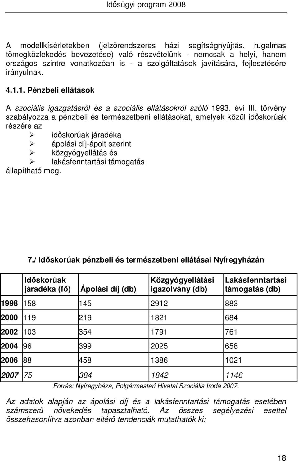 törvény szabályozza a pénzbeli és természetbeni ellátásokat, amelyek közül időskorúak részére az időskorúak járadéka ápolási díj-ápolt szerint közgyógyellátás és lakásfenntartási támogatás