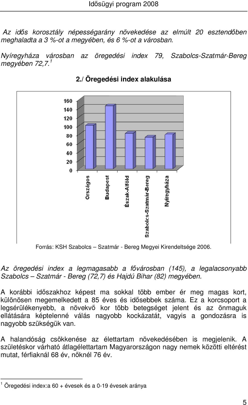 Az öregedési index a legmagasabb a fővárosban (145), a legalacsonyabb Szabolcs Szatmár - Bereg (72,7) és Hajdú Bihar (82) megyében.