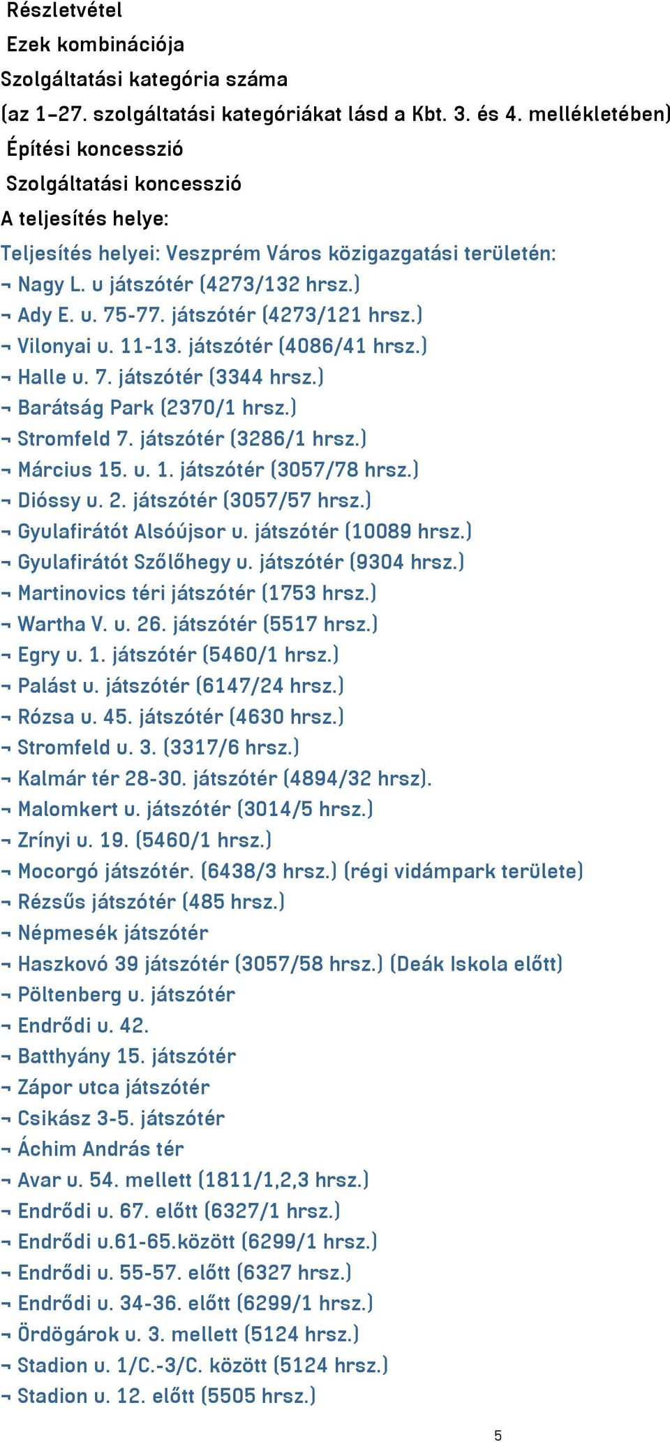 játszótér (4273/121 hrsz.) Vilonyai u. 11-13. játszótér (4086/41 hrsz.) Halle u. 7. játszótér (3344 hrsz.) Barátság Park (2370/1 hrsz.) Stromfeld 7. játszótér (3286/1 hrsz.) Március 15. u. 1. játszótér (3057/78 hrsz.