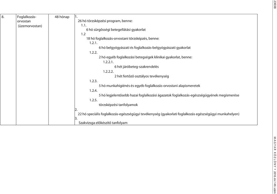 2 hó egyéb foglalkozási betegségek klinikai gyakorlat, benne: 6 hét járóbeteg-szakrendelés 1. 2 hét fertőző osztályos tevékenység 1.3.