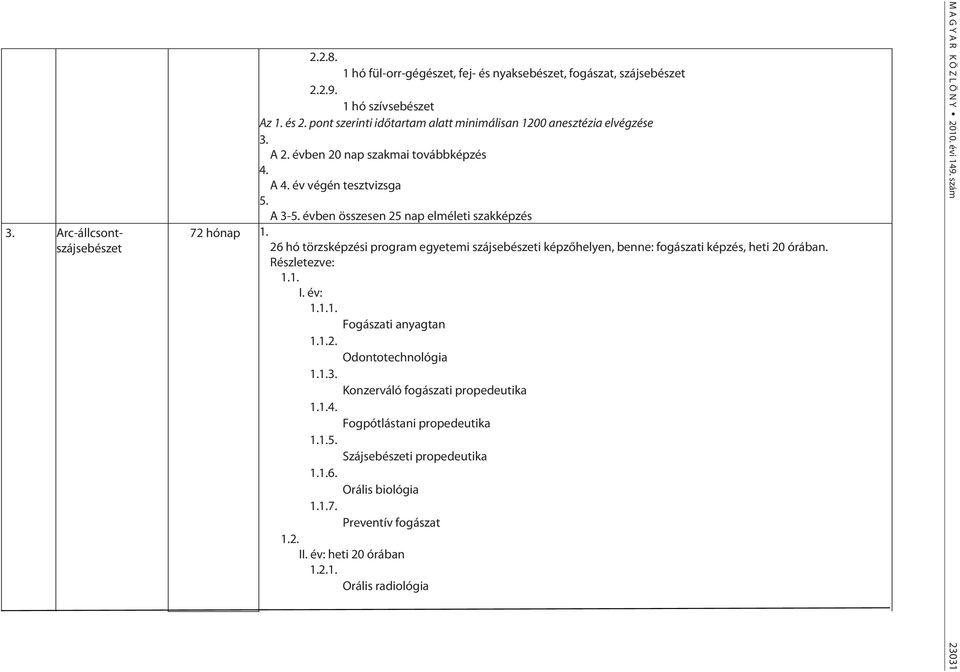 évben összesen 25 nap elméleti szakképzés 72 hónap 1. 26 hó törzsképzési program egyetemi szájsebészeti képzőhelyen, benne: fogászati képzés, heti 20 órában. Részletezve: I.