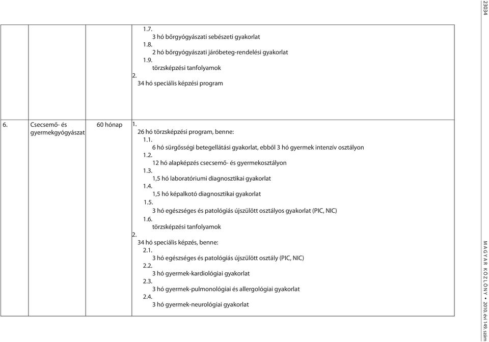 12 hó alapképzés csecsemő- és gyermekosztályon 1.3. 1,5 hó laboratóriumi diagnosztikai gyakorlat 1.4. 1,5 hó képalkotó diagnosztikai gyakorlat 1.5. 3 hó egészséges és patológiás újszülött osztályos gyakorlat (PIC, NIC) 1.