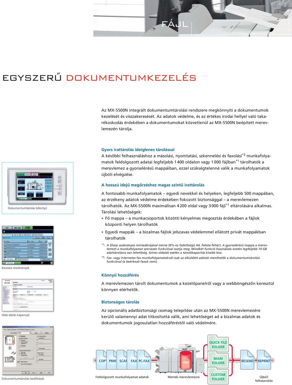 Gyors irattárolás ideiglenes tárolással későbbi felhasználáshoz a másolási, nyomtatási, szkennelési és faxolási *2 munkafolyama tok feldolgozott adatai legfeljebb 1 400 oldalon vagy 1000 fájlban *1