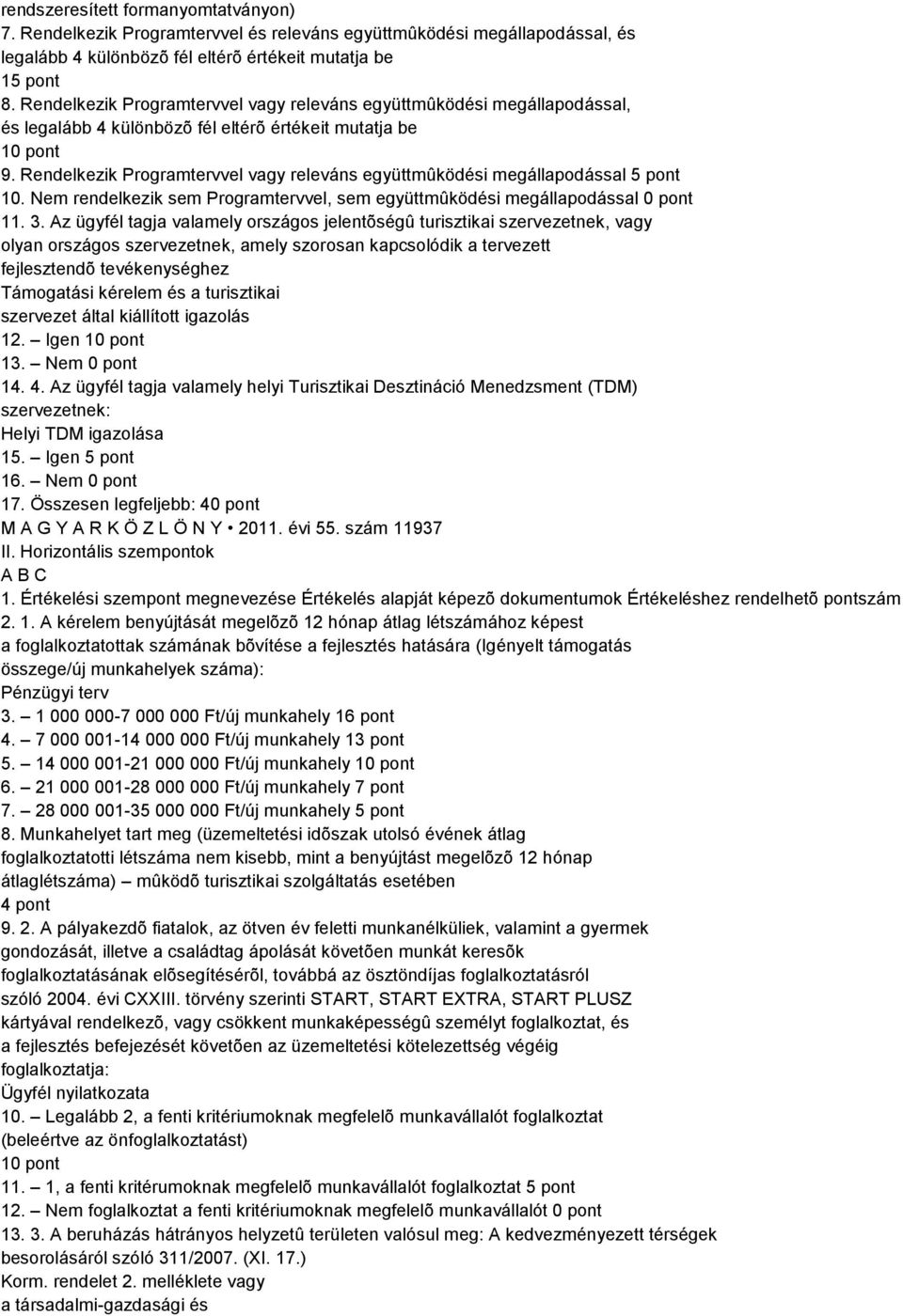 Rendelkezik Programtervvel vagy releváns együttmûködési megállapodással 5 pont 10. Nem rendelkezik sem Programtervvel, sem együttmûködési megállapodással 0 pont 11. 3.