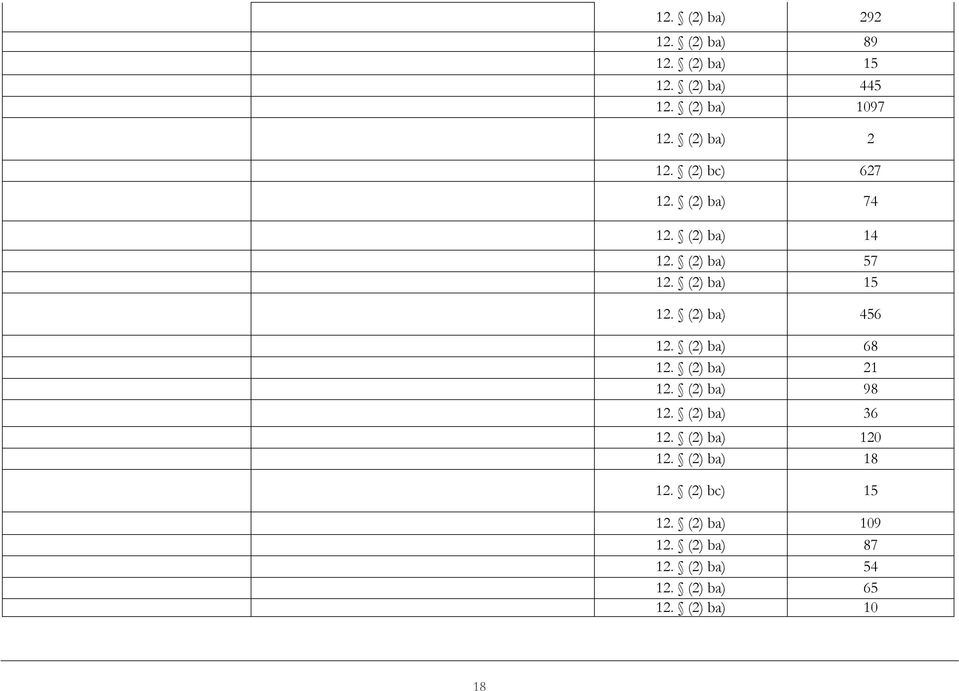 (2) ba) 456 12. (2) ba) 68 12. (2) ba) 21 12. (2) ba) 98 12. (2) ba) 36 12. (2) ba) 120 12.