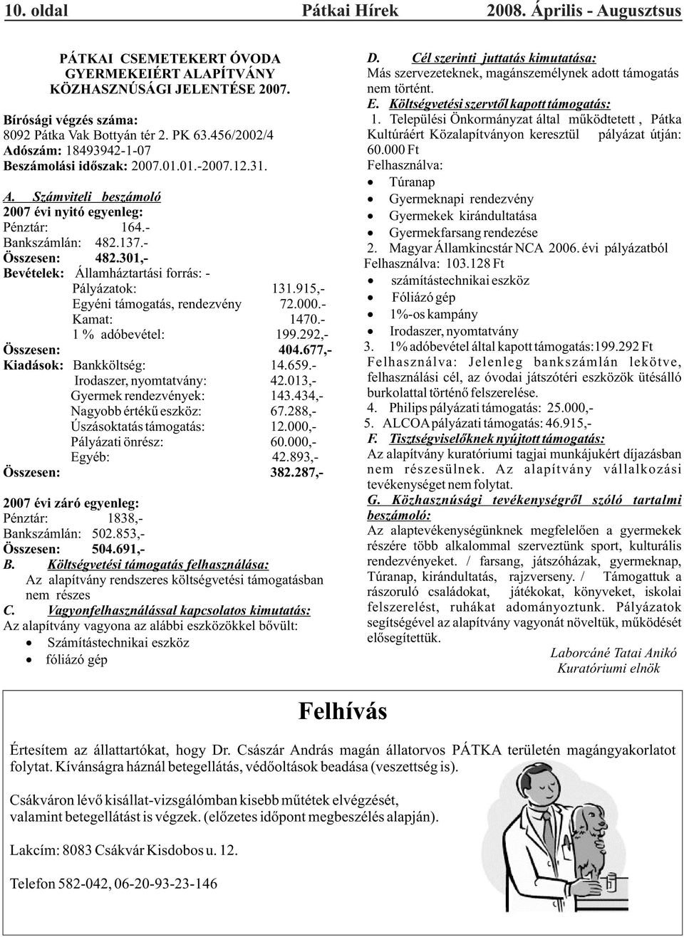 301,- Bevételek: Államháztartási forrás: - Pályázatok: 131.915,- Egyéni támogatás, rendezvény 72.000.- Kamat: 1470.- 1 % adóbevétel: 199.292,- Összesen: 404.677,- Kiadások: Bankköltség: 14.659.