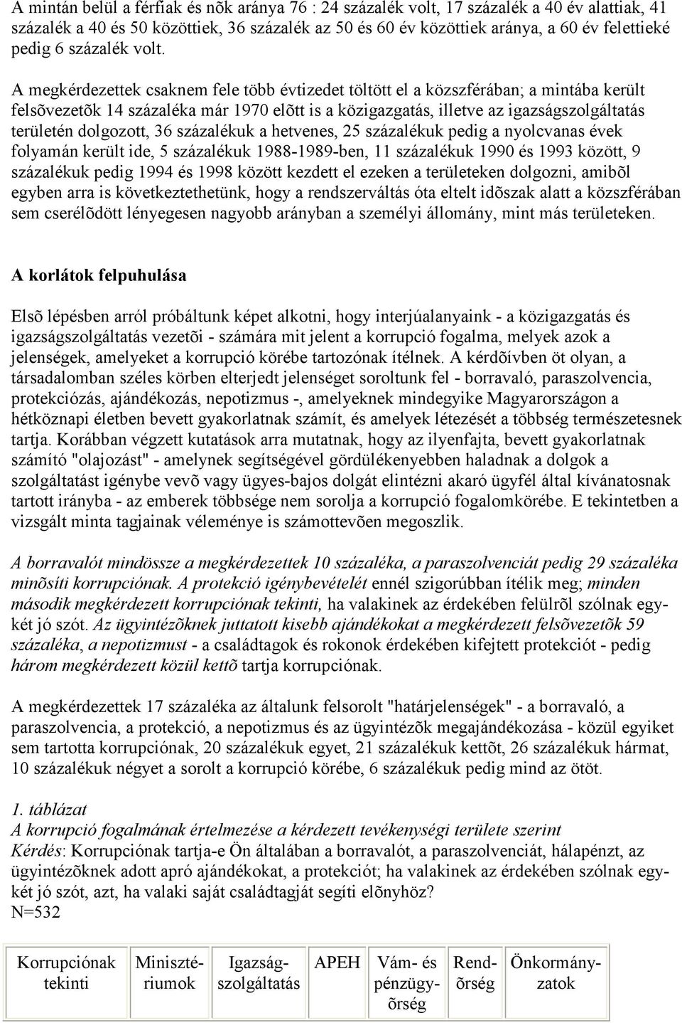 A megkérdezettek csaknem fele több évtizedet töltött el a közszférában; a mintába került felsõvezetõk 14 százaléka már 1970 elõtt is a közigazgatás, illetve az igazságszolgáltatás területén