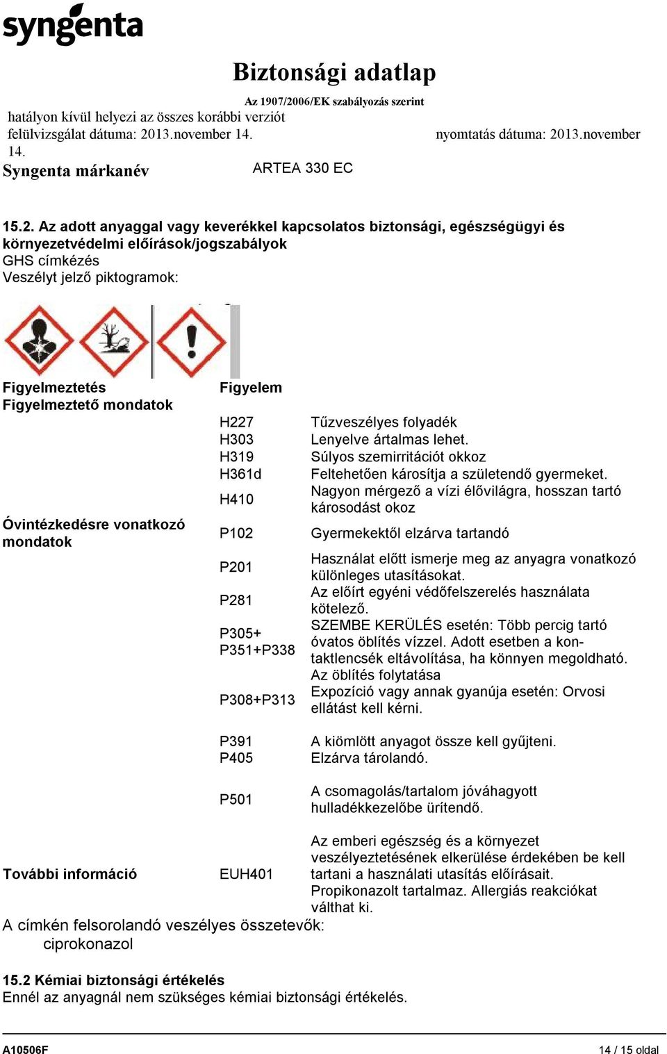 Az adott anyaggal vagy keverékkel kapcsolatos biztonsági, egészségügyi és környezetvédelmi előírások/jogszabályok GHS címkézés Veszélyt jelző piktogramok: Figyelmeztetés Figyelmeztető mondatok