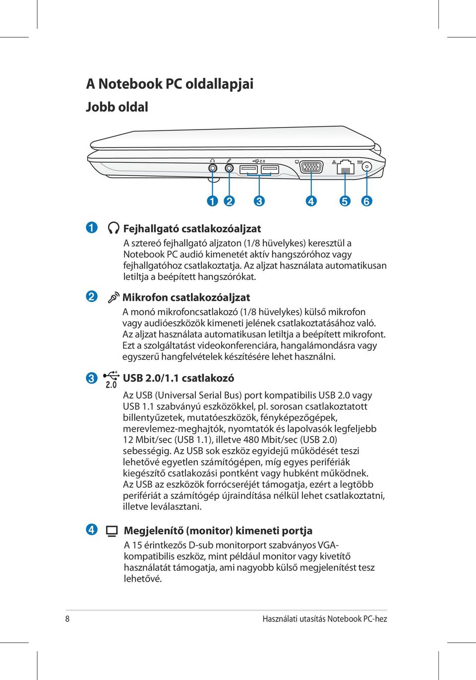 Mikrofon csatlakozóaljzat A monó mikrofoncsatlakozó (1/8 hüvelykes) külső mikrofon vagy audióeszközök kimeneti jelének csatlakoztatásához való.