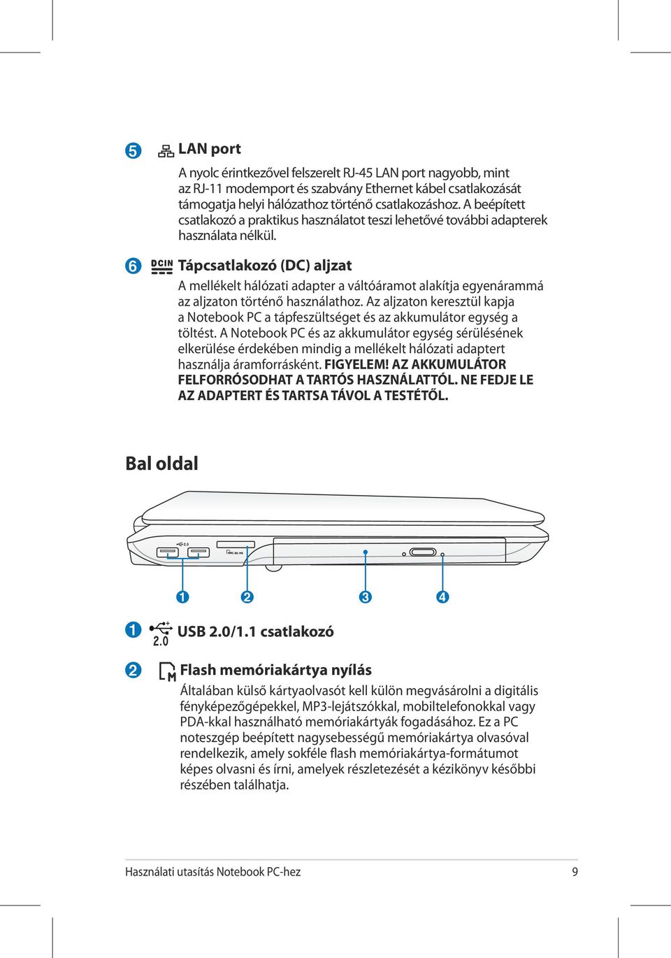 6 Tápcsatlakozó (DC) aljzat A mellékelt hálózati adapter a váltóáramot alakítja egyenárammá az aljzaton történő használathoz.