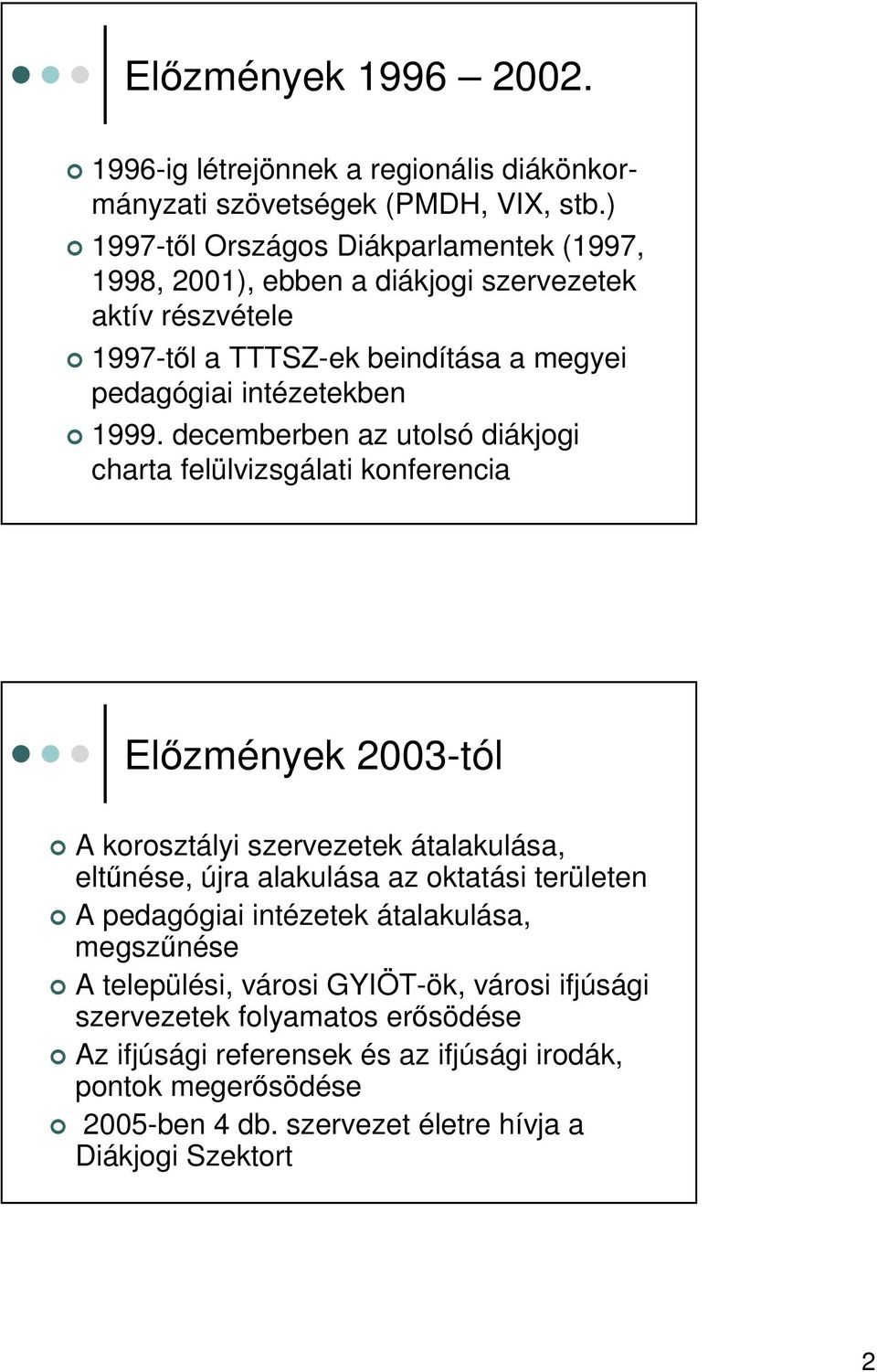 decemberben az utolsó diákjogi charta felülvizsgálati konferencia Elzmények 2003-tól A korosztályi szervezetek átalakulása, eltnése, újra alakulása az oktatási területen A