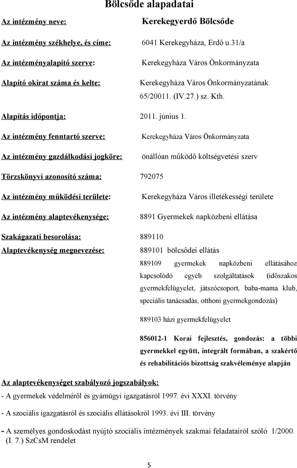 Az intézmény fenntartó szerve: Kerekegyháza Város Önkormányzata Az intézmény gazdálkodási jogköre: önállóan működő költségvetési szerv Törzskönyvi azonosító száma: 792075 Az intézmény működési