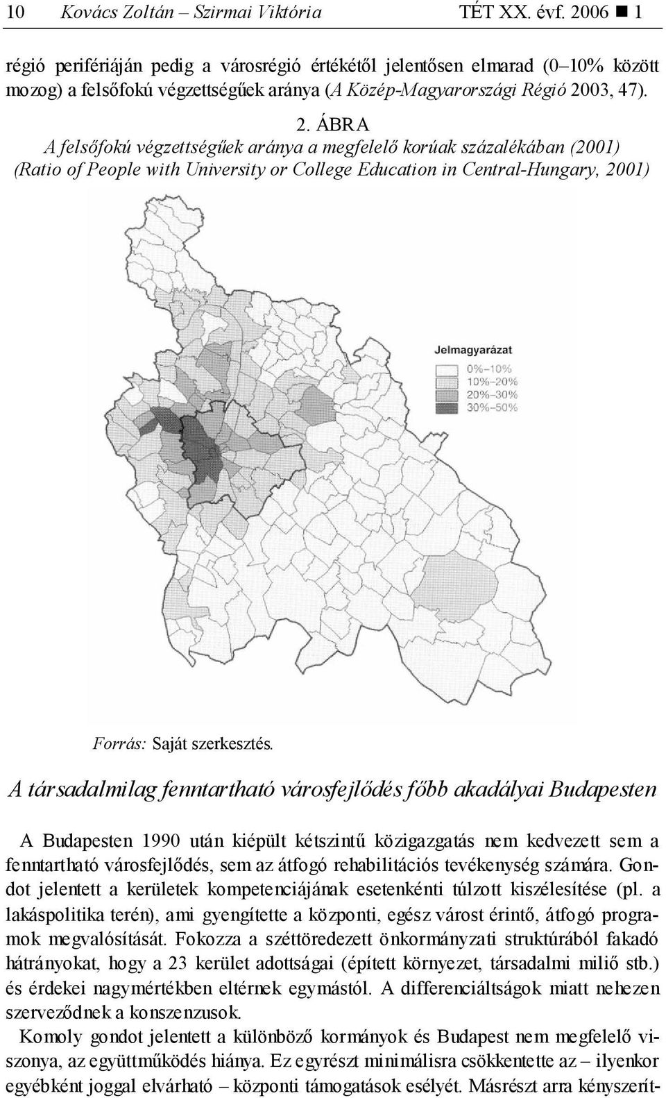 03, 47). 2. ÁBRA A felsőfokú végzettségűek aránya a megfelelő korúak százalékában (2001) (Ratio of People with University or College Education in Central-Hungary, 2001) Forrás: Saját szerkesztés.