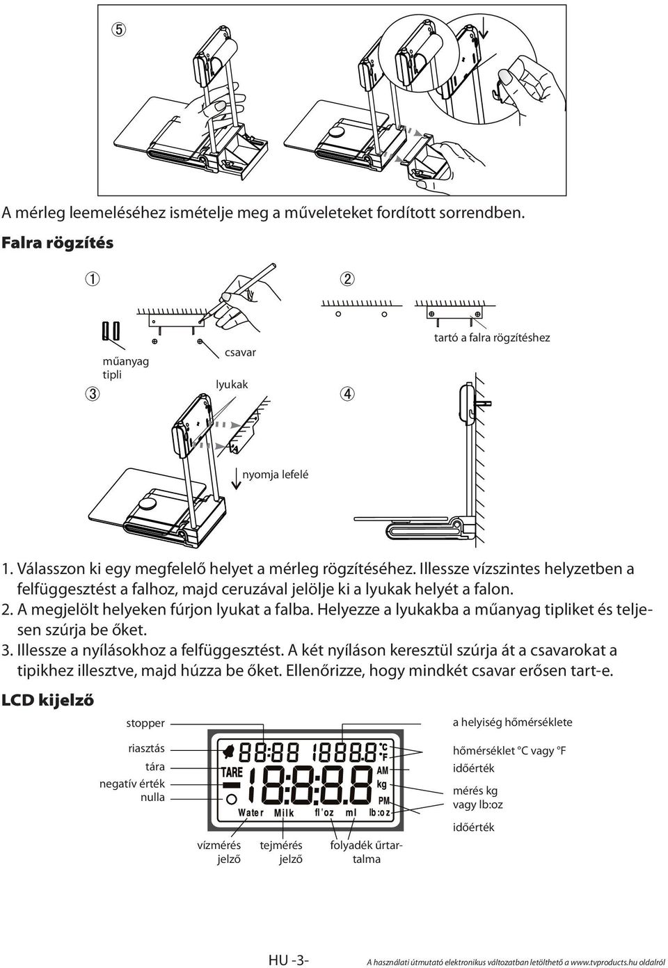 A megjelölt helyeken fúrjon lyukat a falba. Helyezze a lyukakba a műanyag tipliket és teljesen szúrja be őket. 3. Illessze a nyílásokhoz a felfüggesztést.