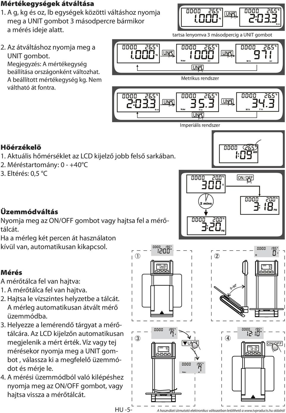 tartsa lenyomva 3 másodpercig a UNIT gombot Metrikus rendszer Imperiális rendszer Hőérzékelő 1. Aktuális hőmérséklet az LCD kijelző jobb felső sarkában. 2. Méréstartomány: 0 - +40 C 3.