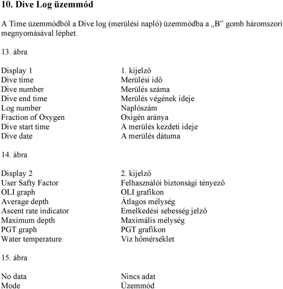 kijelző Merülési idő Merülés száma Merülés végének ideje Naplószám Oxigén aránya A merülés kezdeti ideje A merülés dátuma 14.