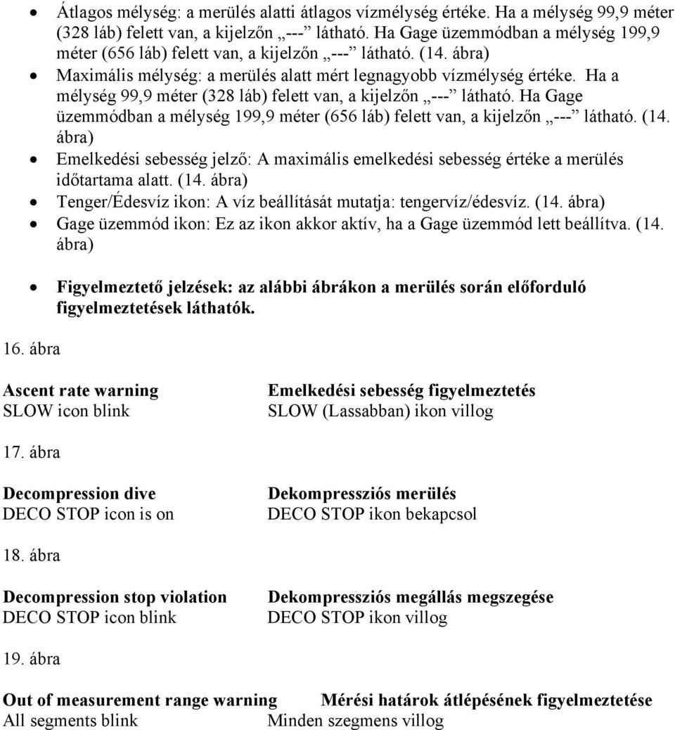 Ha a mélység 99,9 méter (328 láb) felett van, a kijelzőn --- látható. Ha Gage üzemmódban a mélység 199,9 méter (656 láb) felett van, a kijelzőn --- látható. (14.