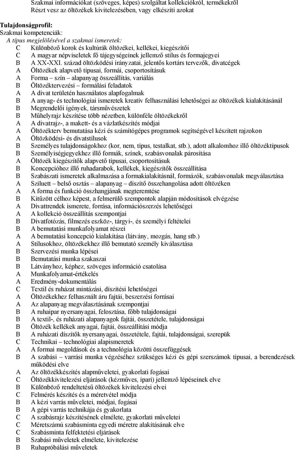 század öltözködési irányzatai, jelentős kortárs tervezők, divatcégek A Öltözékek alapvető típusai, formái, csoportosításuk A Forma szín alapanyag összeállítás, variálás B Öltözéktervezési formálási