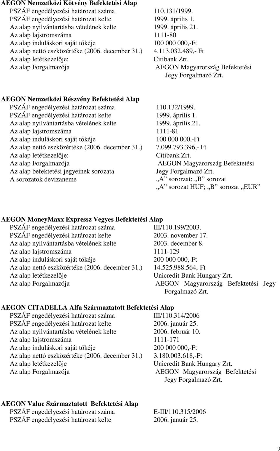 489,- Ft Az alap letétkezelıje: Az alap Forgalmazója Citibank Zrt. AEGON Magyarország Befektetési Jegy Forgalmazó Zrt.