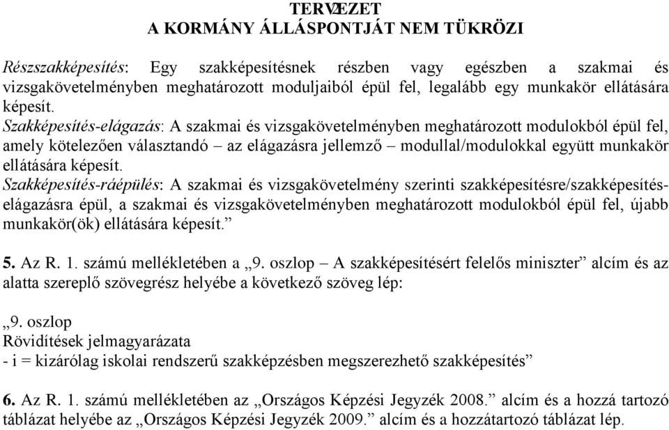 : A szakmai és vizsgakövelmény szerinti szakképere/szakképera épül, a szakmai és vizsgakövelményben meghatározott modulokból épül fel, újabb munkakör(ök) ellátára képesít. 5. Az R. ú melléklében a 9.