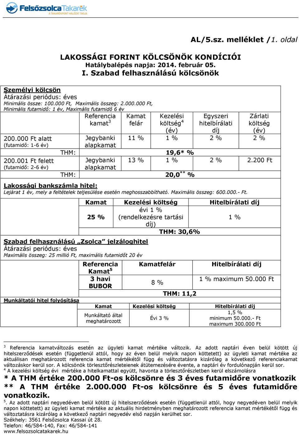 001 Ft felett (futamidő: 2-6 év) Referencia kamat 3 Kamat felár Kezelési költség 4 (év) AL/5.sz. melléklet /1.