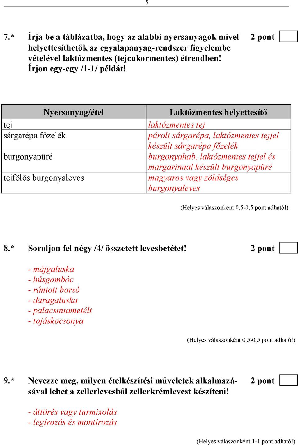 laktózmentes tejjel és margarinnal készült burgonyapüré magyaros vagy zöldséges burgonyaleves 8.* Soroljon fel négy /4/ összetett levesbetétet!