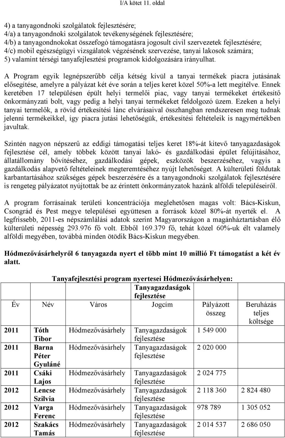 fejlesztésére; 4/c) mobil egészségügyi vizsgálatok végzésének szervezése, tanyai lakosok számára; 5) valamint térségi tanyafejlesztési programok kidolgozására irányulhat.