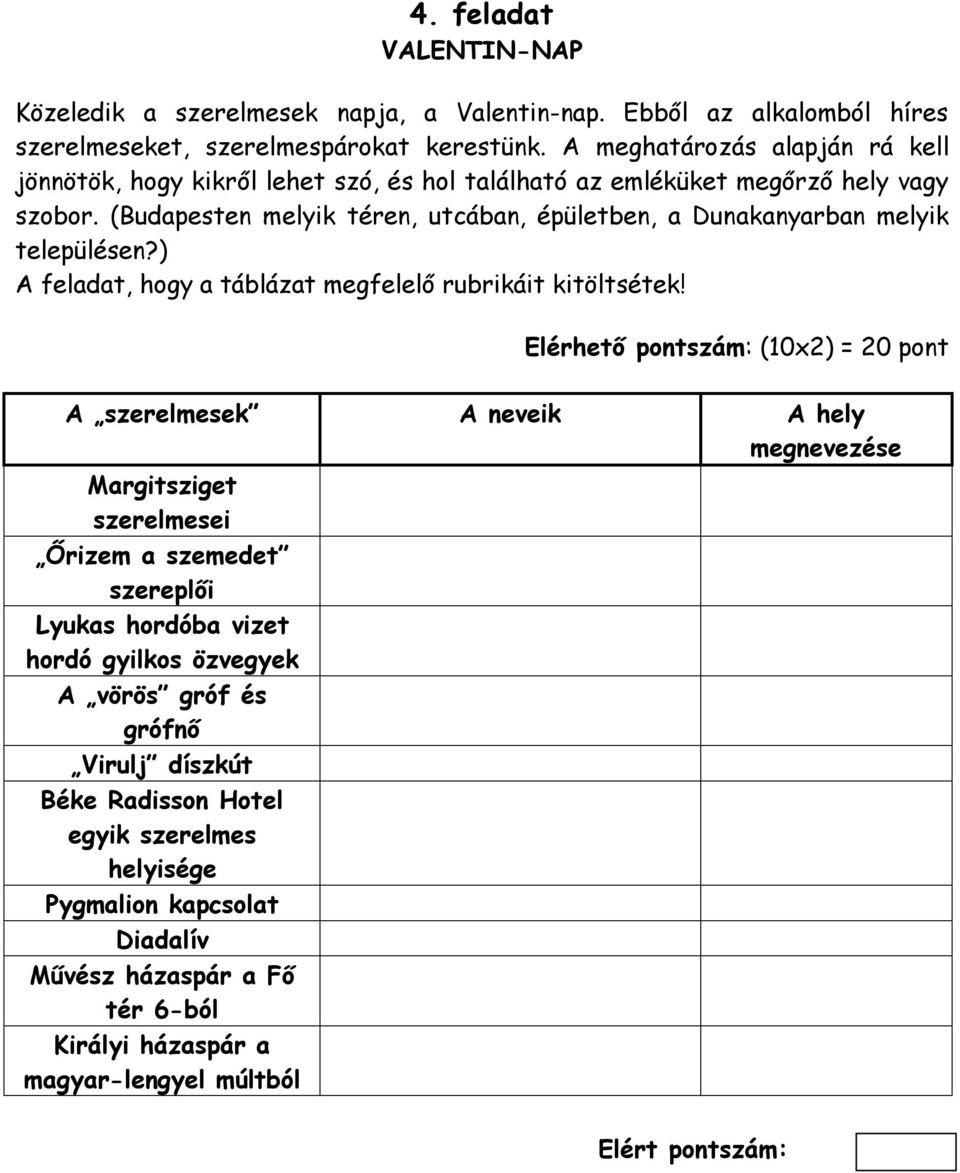 (Budapesten melyik téren, utcában, épületben, a Dunakanyarban melyik településen?) A feladat, hogy a táblázat megfelelő rubrikáit kitöltsétek!