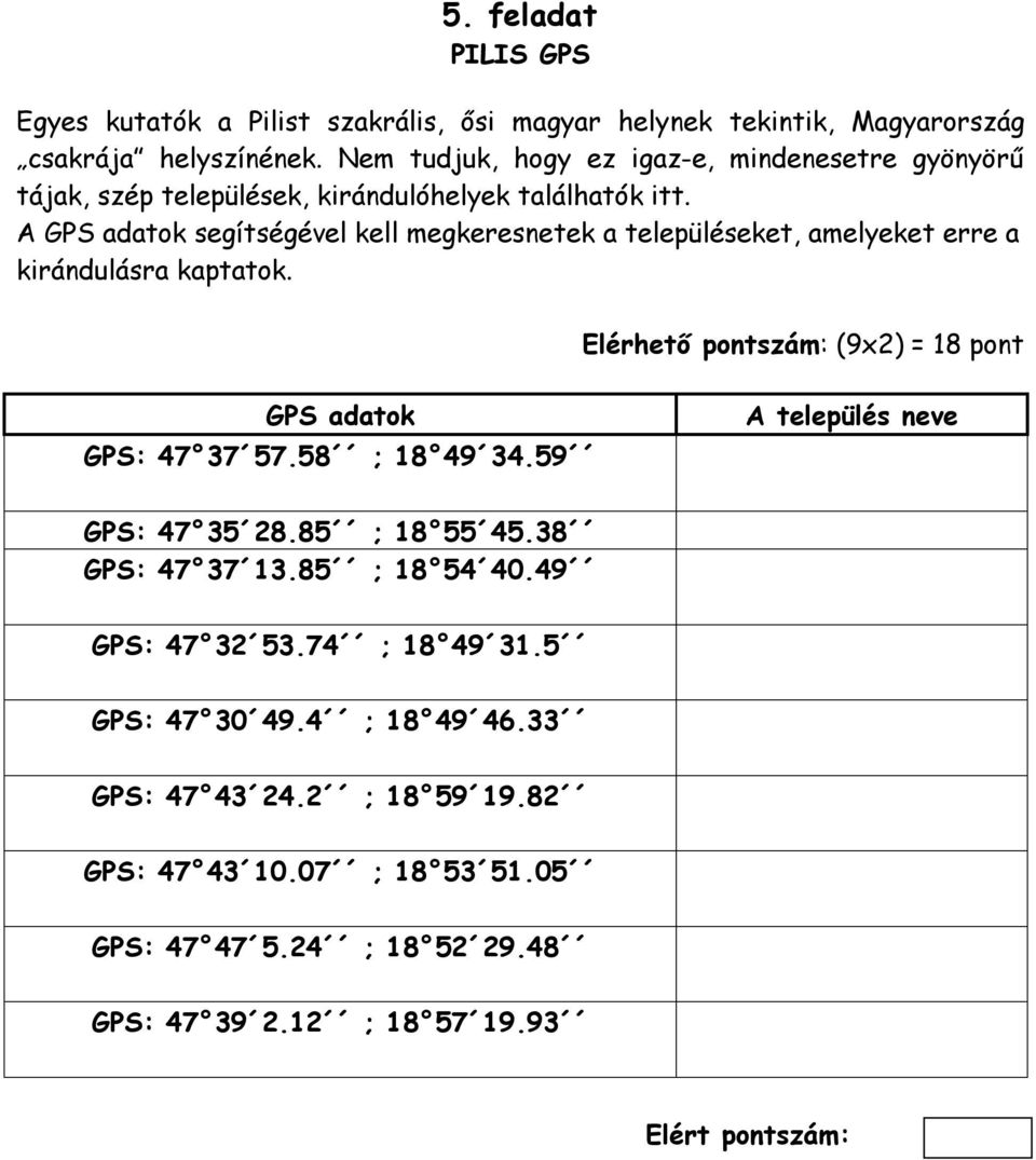 A GPS adatok segítségével kell megkeresnetek a településeket, amelyeket erre a kirándulásra kaptatok. Elérhető pontszám: (9x2) = 18 pont GPS adatok GPS: 47 37 57.