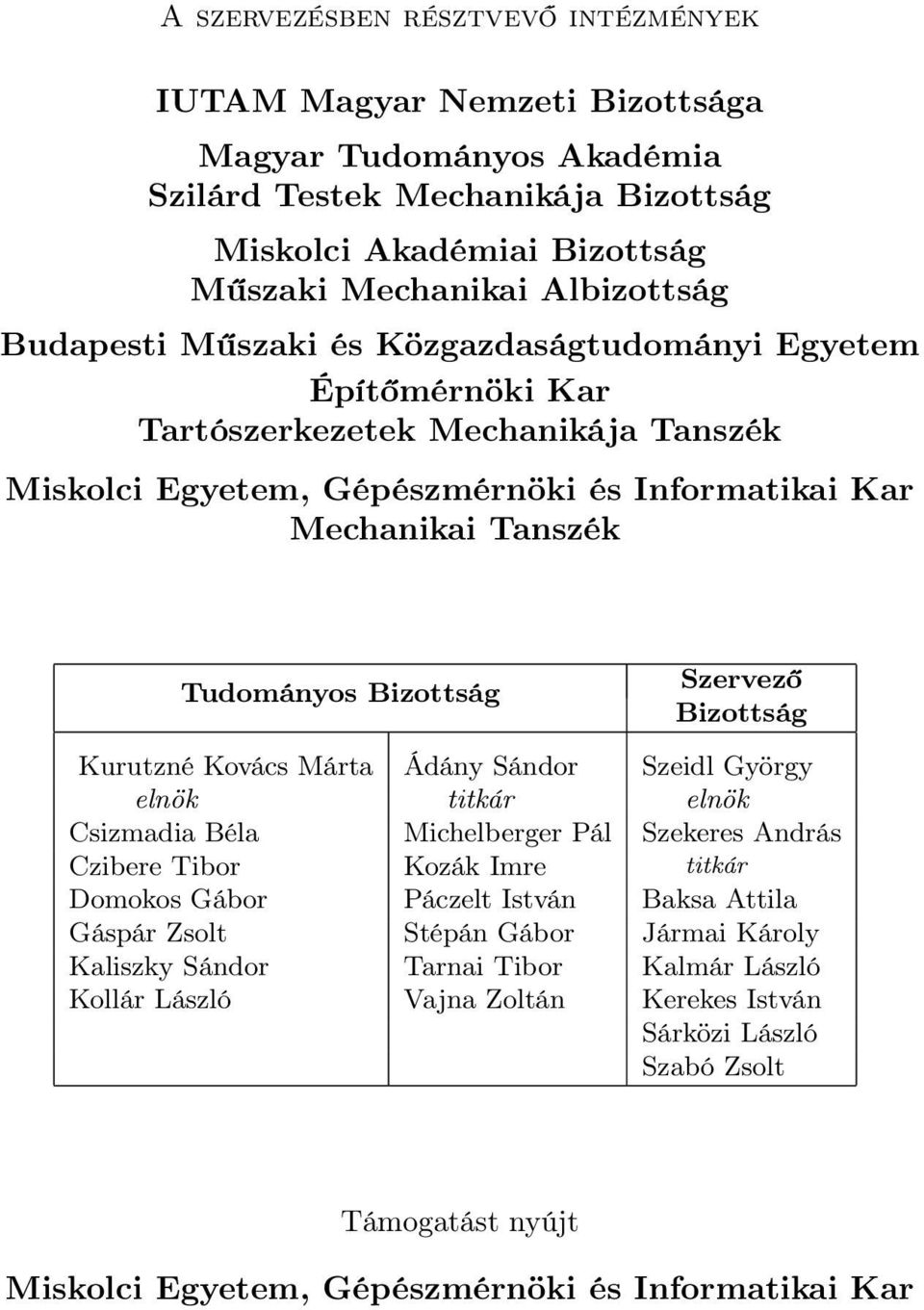 Szervező Bizottság Kurutzné Kovács Márta Ádány Sándor Szeidl György elnök titkár elnök Csizmadia Béla Michelberger Pál Szekeres András Czibere Tibor Kozák Imre titkár Domokos Gábor Páczelt István