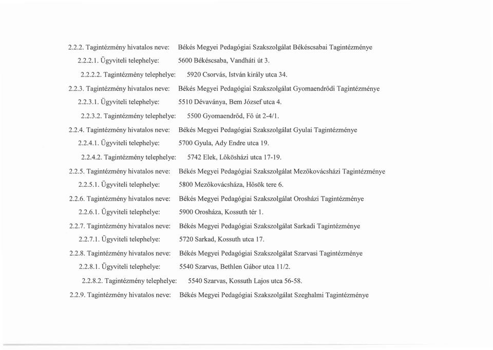 2.2.4. Tagintézmény hivatalos neve: Békés Megyei Pedagógiai Szakszolgálat Gyulai Tagintézménye 2.2.4.1. Ügyviteli telephelye: 5700 Gyula, Ady Endre utca 19. 2.2.4.2. Tagintézmény telephelye: 5742 Elek, Lőkösházi utca 17-19.