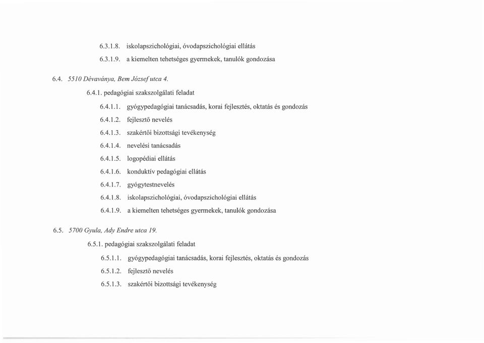 logopédiai ellátás 6.4.1.6. konduktív pedagógiai ellátás 6.4.1.7. gyógytestnevelés 6.4.1.8. iskolapszichológiai, óvodapszichológiai ellátás 6.4.1.9.