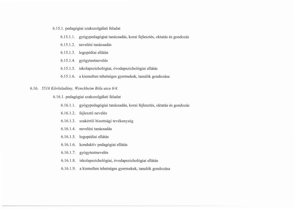 16.1.1. gyógypedagógiai tanácsadás, korai fejlesztés, oktatás és gondozás 6.16.1.2. fejlesztő nevelés 6.16.1.3. szakértői bizottsági tevékenység 6.16.1.4. nevelési tanácsadás 6.16.1.5.