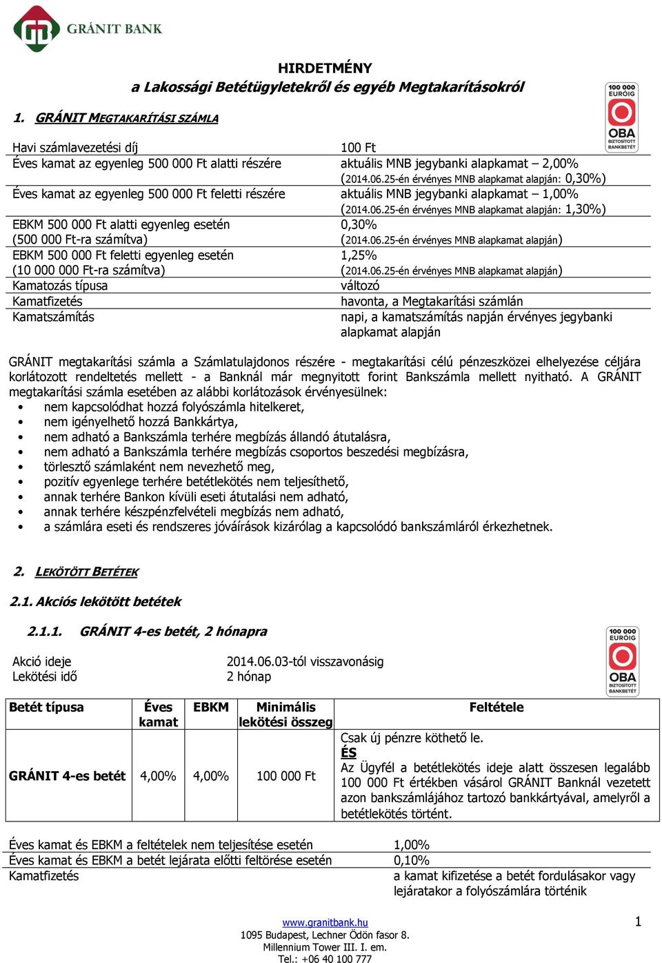 06.25-én érvényes MNB alap alapján) 500 000 Ft feletti egyenleg esetén (10 000 000 Ft-ra számítva) 1,25% (2014.06.25-én érvényes MNB alap alapján) Kamatozás típusa változó havonta, a Megtakarítási